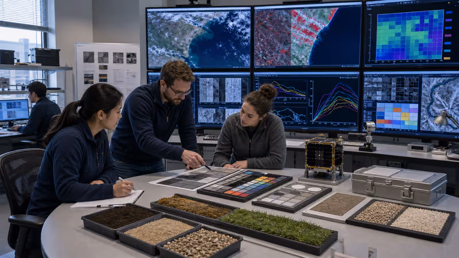 An unbranded satellite data lab compares Earth observation imagery, calibration panels, sensor plots, and quality flags.