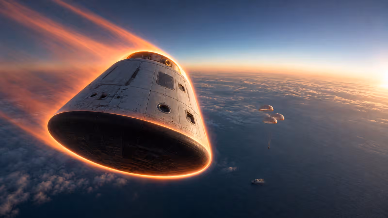 A crew-style return capsule glowing during atmospheric reentry with parachutes and a recovery vessel over the ocean below.