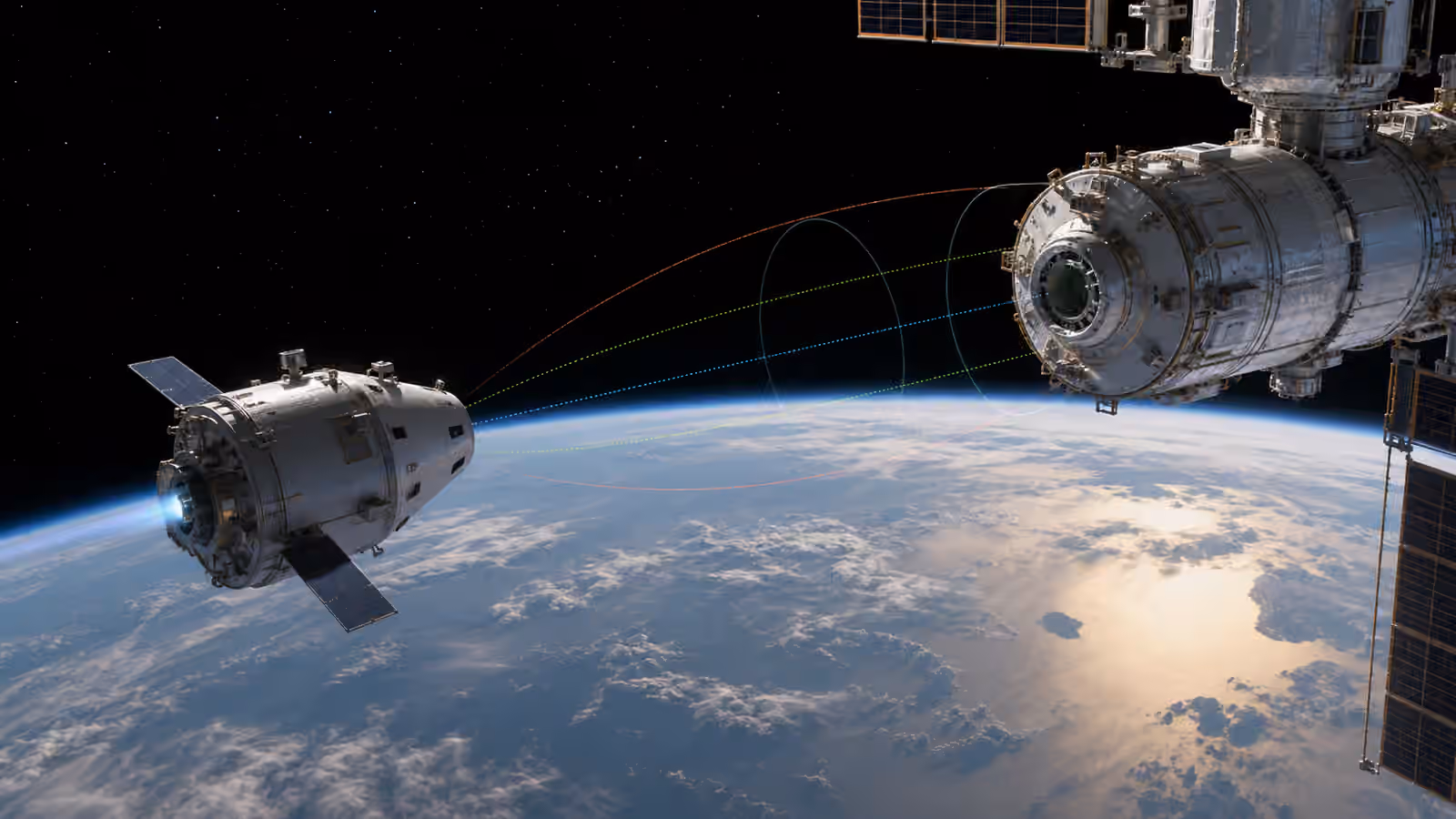 Two unbranded spacecraft approach a modular station node above Earth along subtle non-text guide arcs.