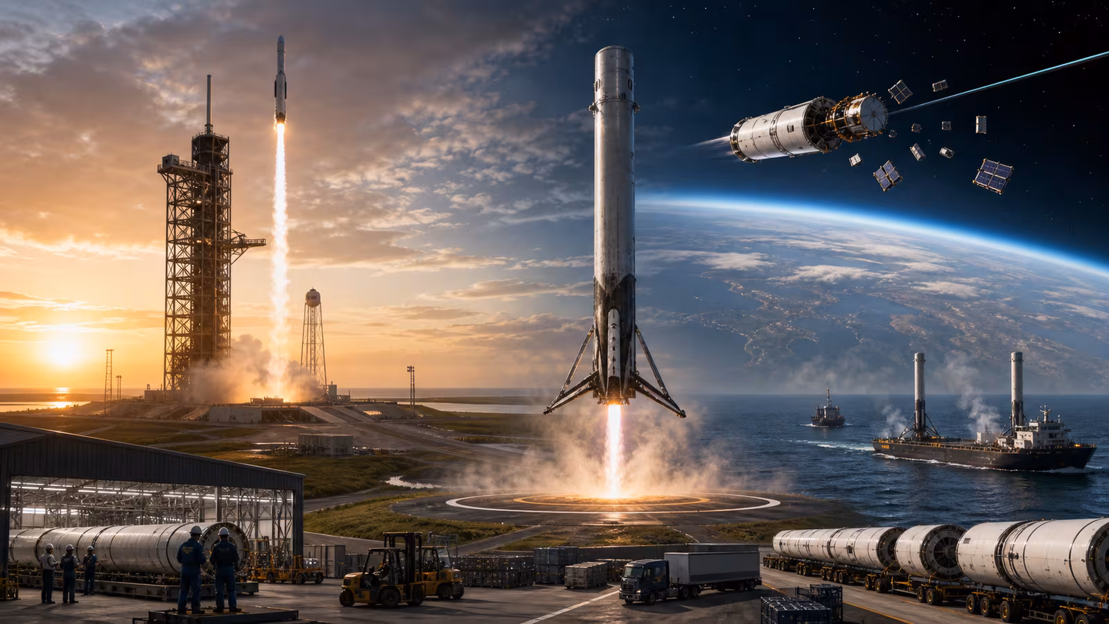 A reusable rocket booster landing on a pad while an upper stage deploys small satellites in orbit, with a launch tower and recovery ships in the distance.