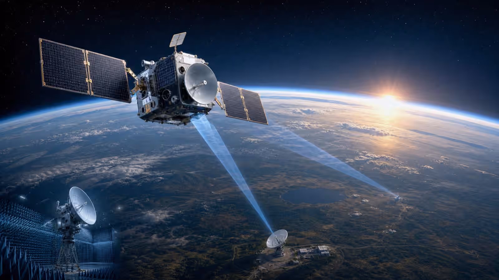An unbranded satellite with antennas sends narrow radio beams toward ground station dishes below a dawn Earth horizon.