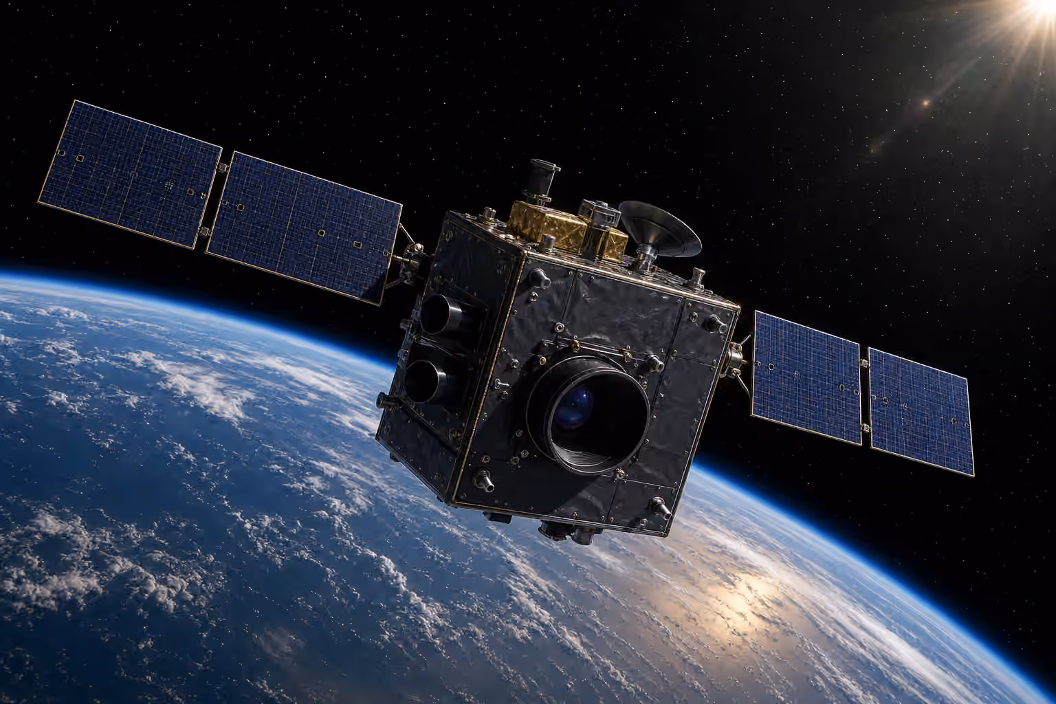 An unbranded satellite slews above Earth with solar arrays, sensor apertures, and subtle thruster ports visible against a star field.