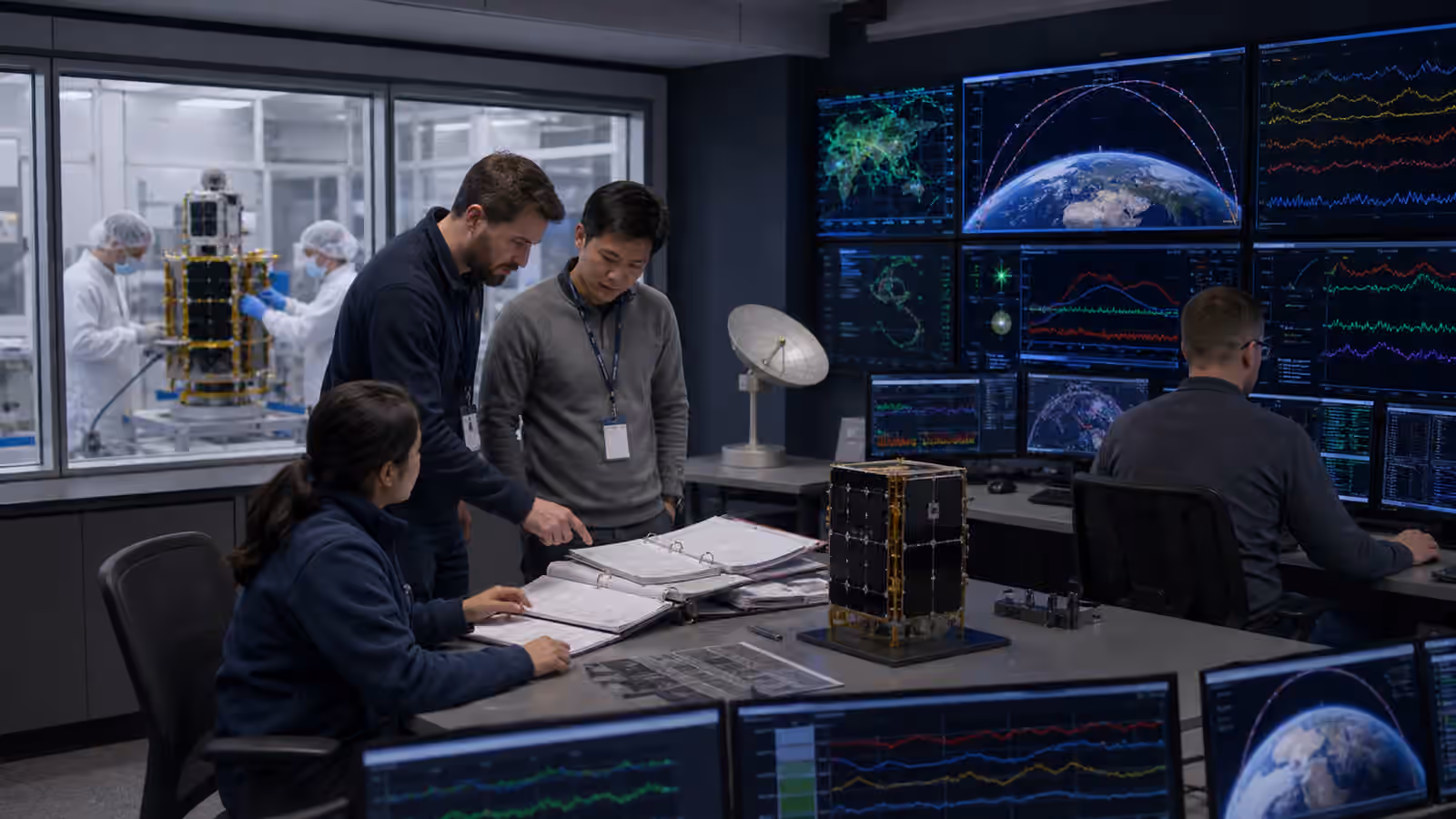 A satellite commissioning team compares clean-room test records with early orbit telemetry on unbranded displays.