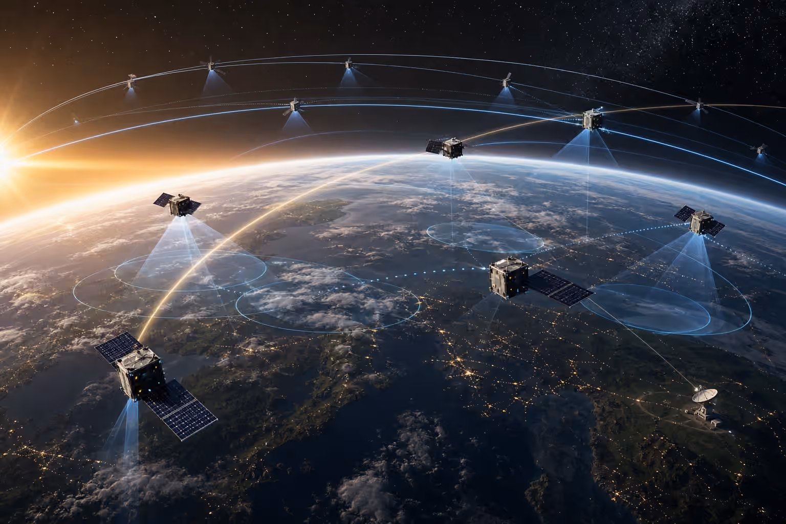 A coordinated fleet of small satellites in multiple orbital planes sends coverage beams toward Earth and a ground station.