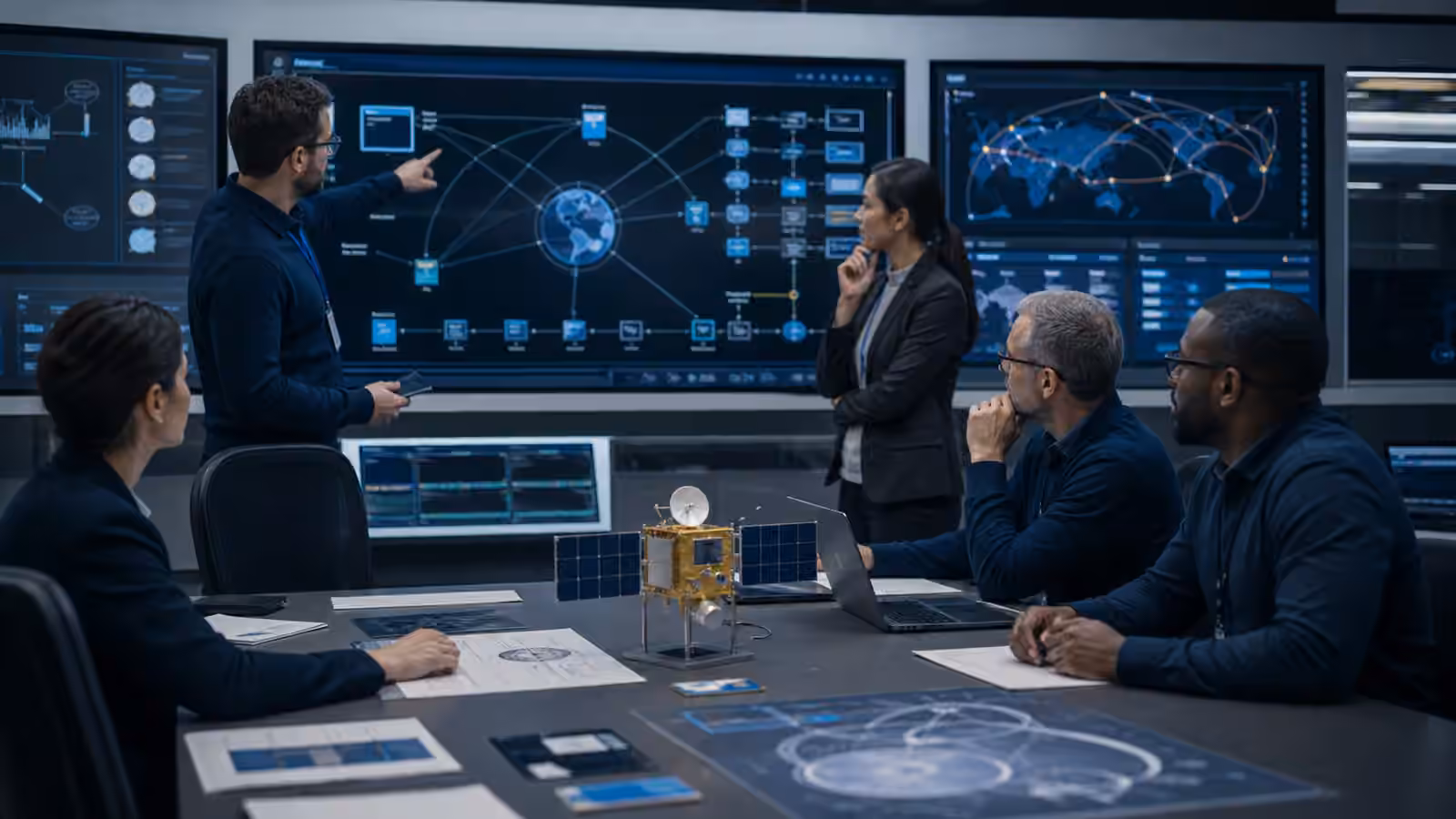 A satellite operations security review room with engineers, a spacecraft model, and abstract network resilience diagrams