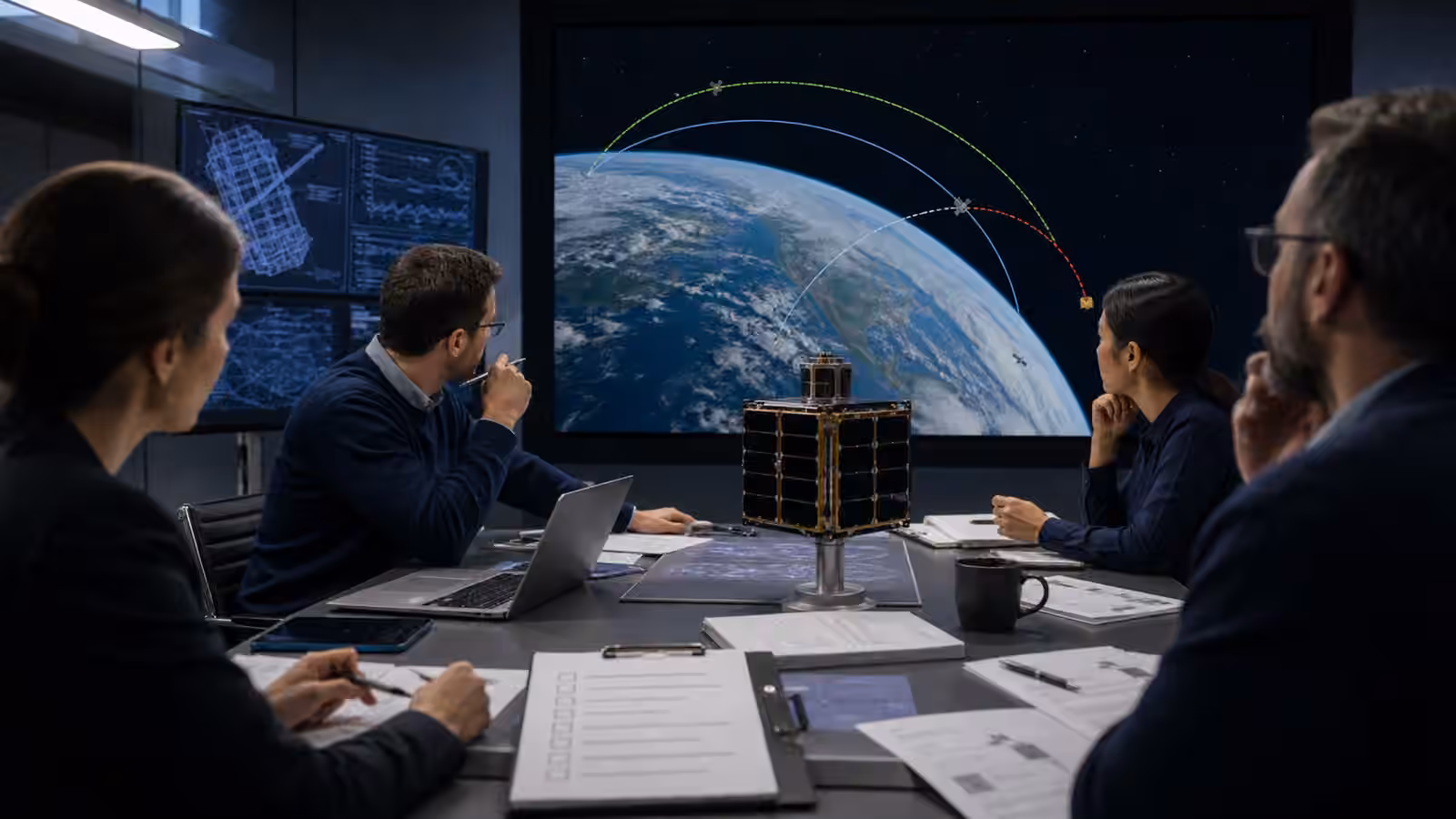 Mission planners review a small satellite model and disposal trajectory arcs for a responsible end-of-life plan