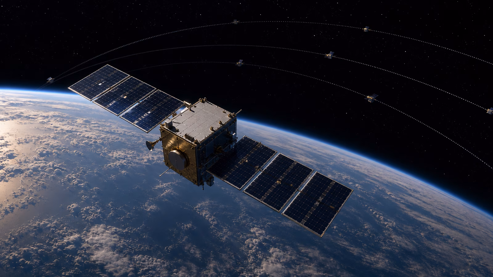 A small unbranded satellite above Earth in a safe end-of-life attitude with subtle orbital path arcs and distant satellites.