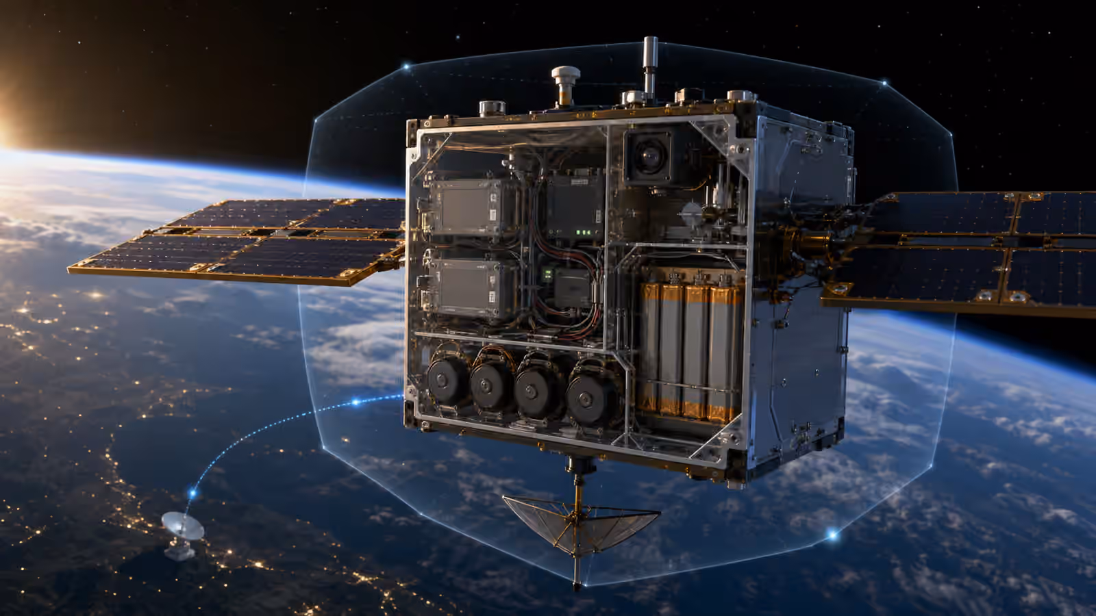 A compact satellite above Earth with a visible avionics cutaway, redundant components, status lights, and a faint ground station signal arc.