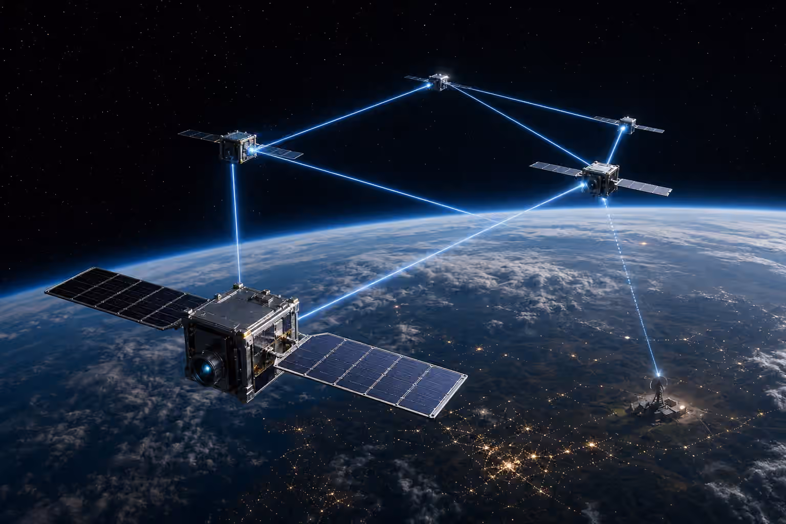 Small satellites exchange narrow light links above Earth while one connection reaches a ground station below.