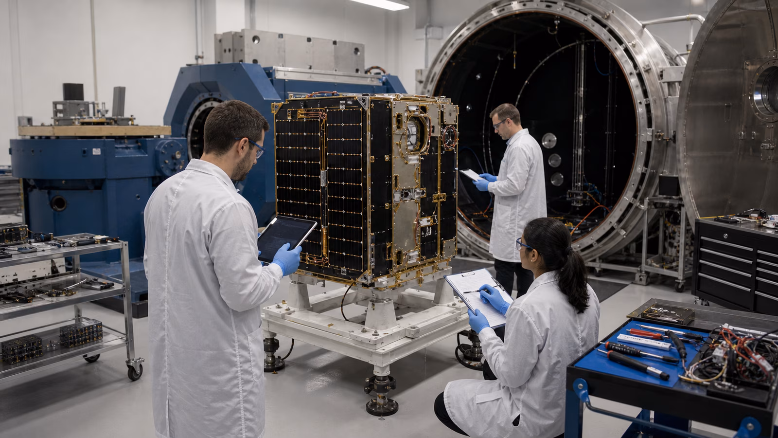 Engineers in cleanroom coats inspect a small satellite bus beside a thermal vacuum chamber, vibration fixture, tool carts, and covered cables.