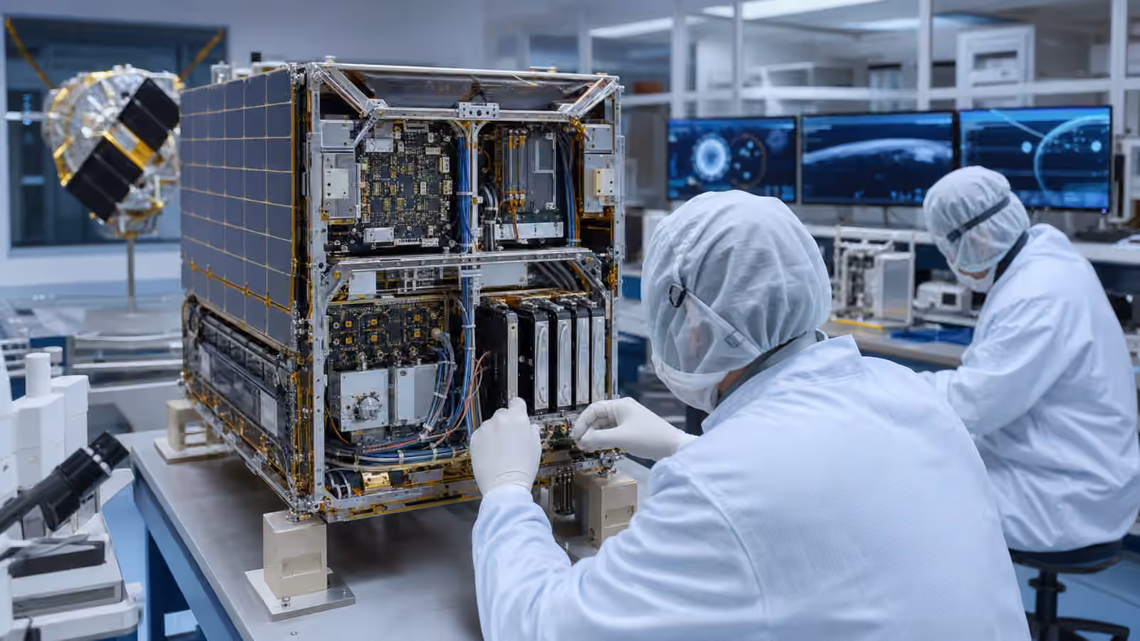 Cleanroom engineers inspect an open satellite bus with visible avionics boards, data storage modules, cable harnesses, and unreadable mission displays.