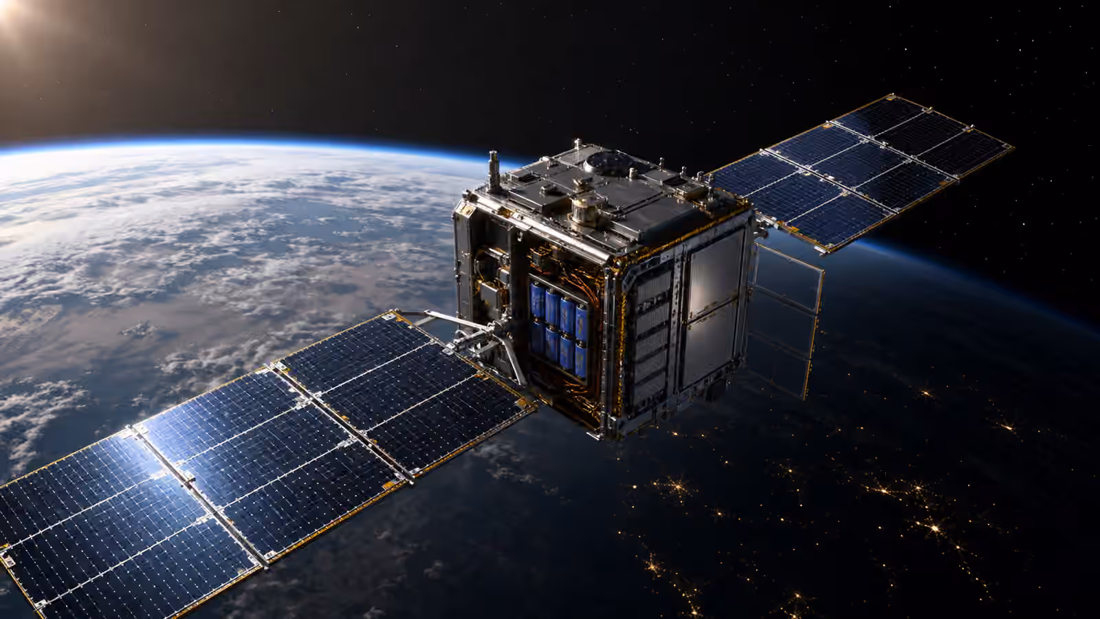An unbranded satellite above Earth with deployed solar arrays, exposed battery modules, and one side moving into orbital shadow.