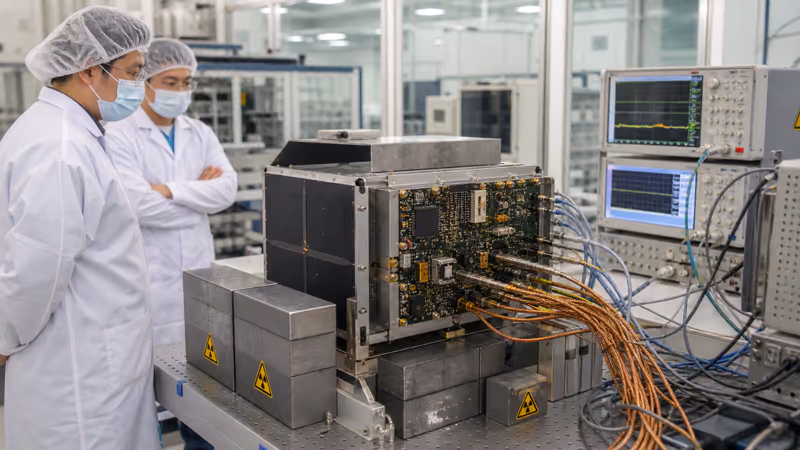 Engineers in a cleanroom test satellite avionics boards inside a shielded fixture with unreadable instruments and cable harnesses.