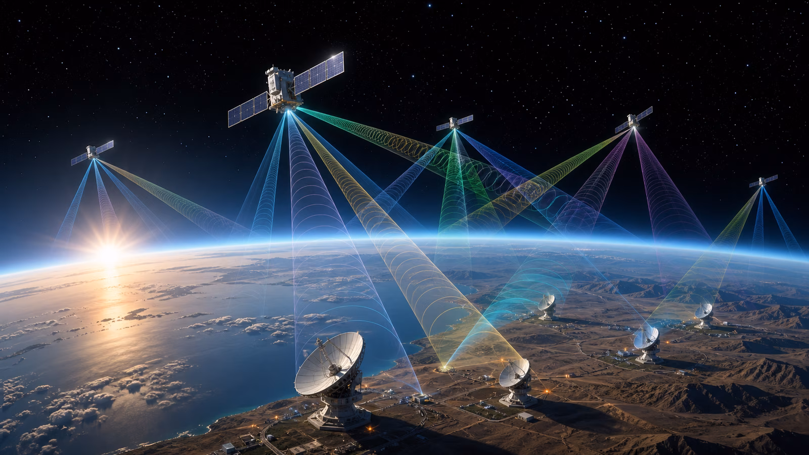 Satellites over Earth sending colored radio beams to several ground station antennas without readable labels or logos.