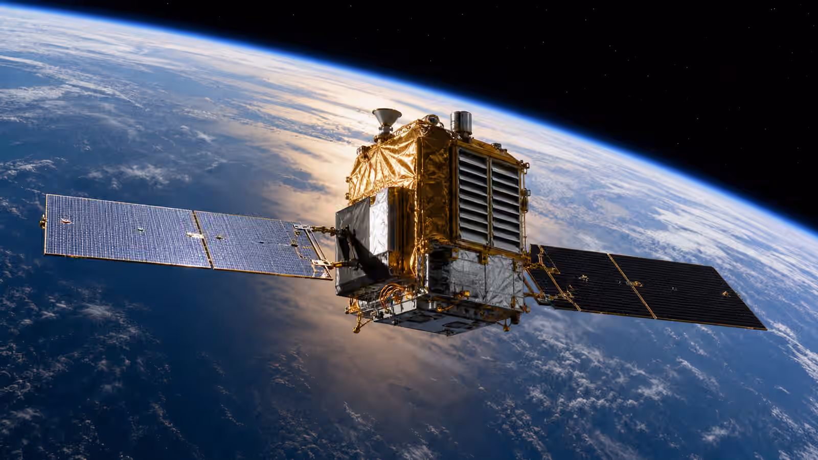 An unbranded satellite above Earth with gold insulation, radiator panels, solar arrays, and sunlit and shaded surfaces.