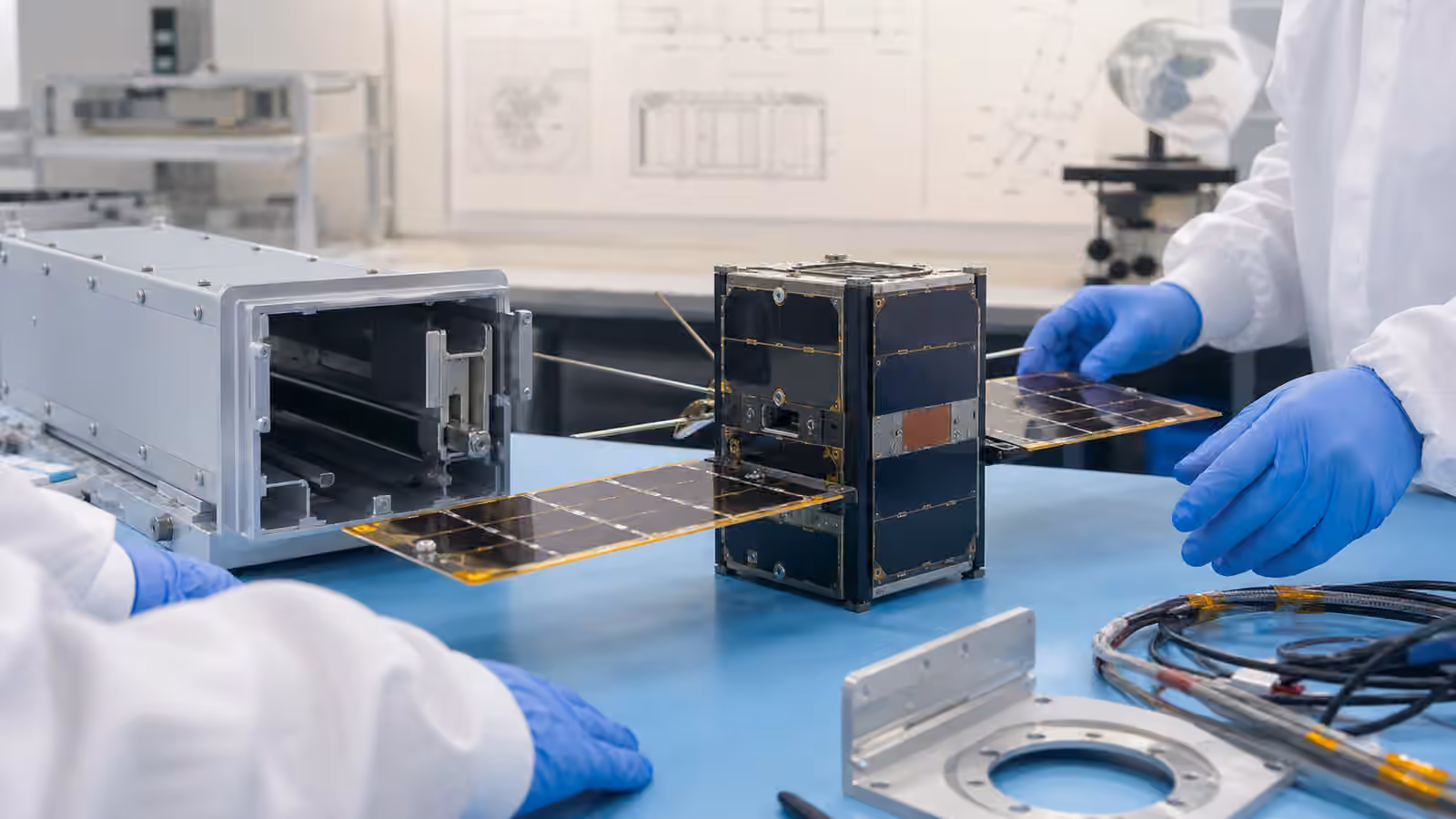 Engineers examine an unbranded CubeSat-scale spacecraft, deployable solar panels, and a launch dispenser on a lab bench.