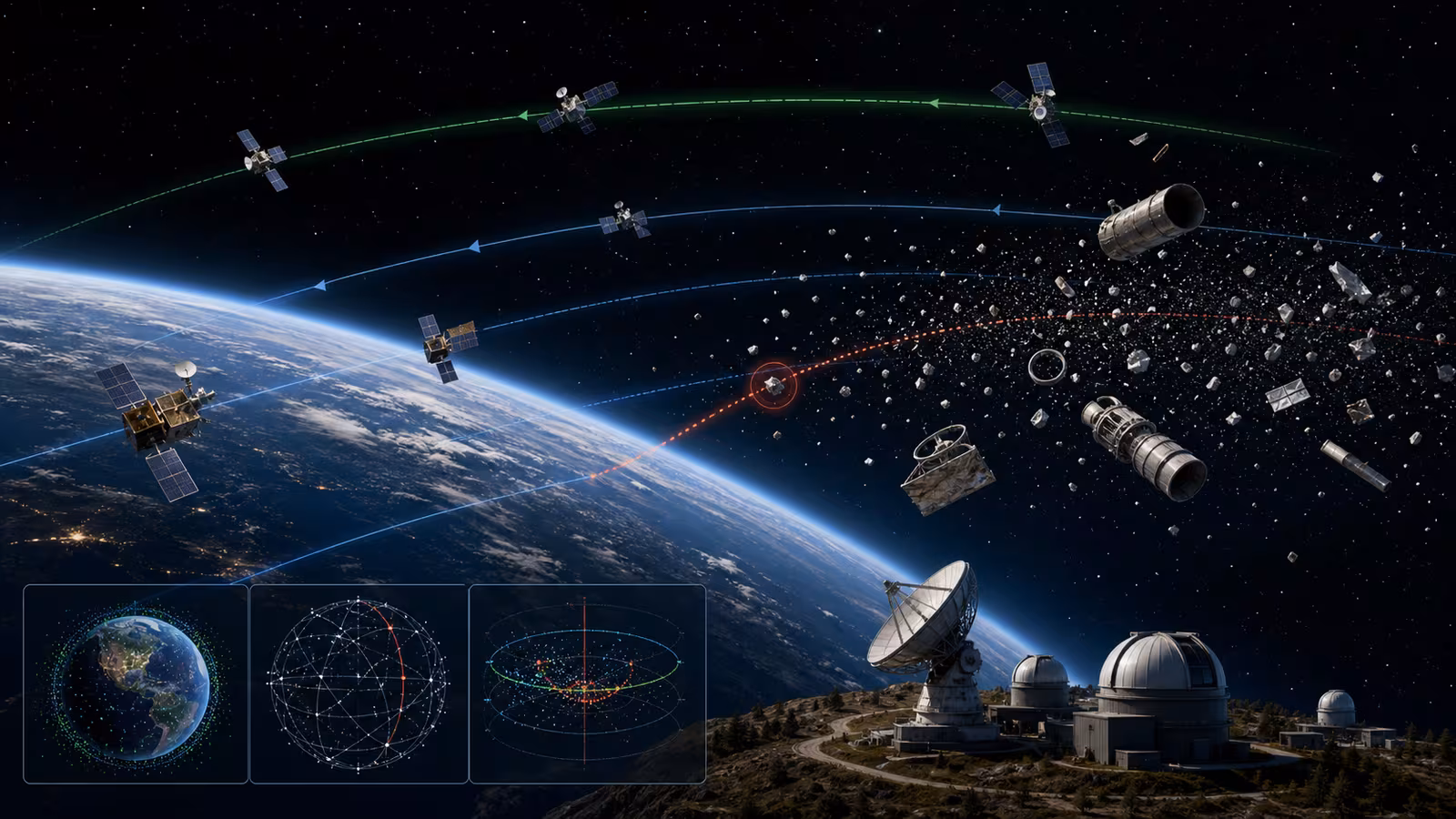 Earth orbit with active satellites, old rocket bodies, tiny debris fragments, safe orbital lanes, and a ground tracking telescope and radar station.