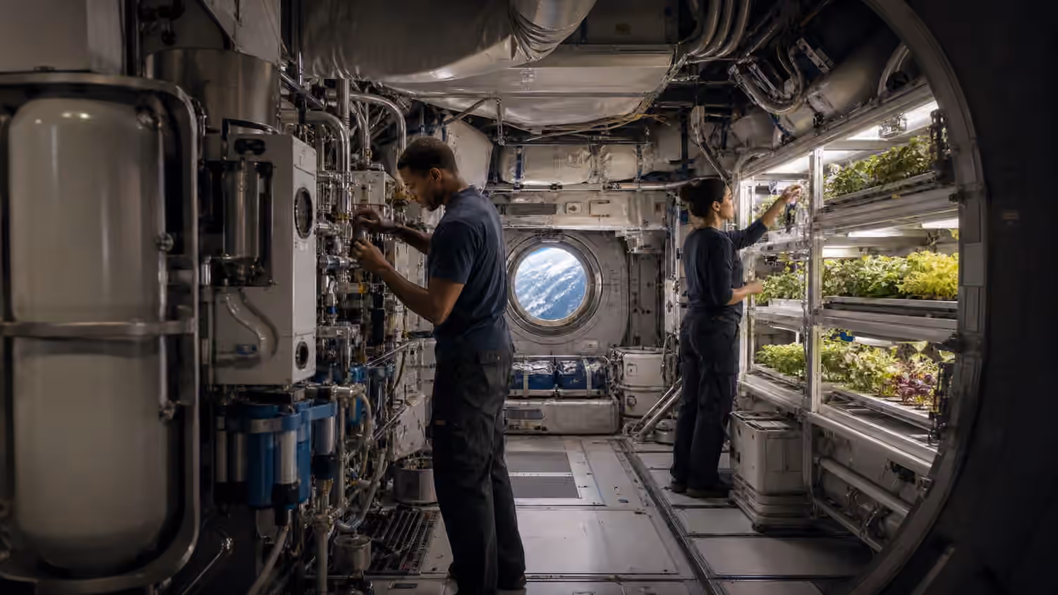 Engineers inspect air, water, and plant-growth systems inside a crewed orbital habitat module with Earth visible through a round window.