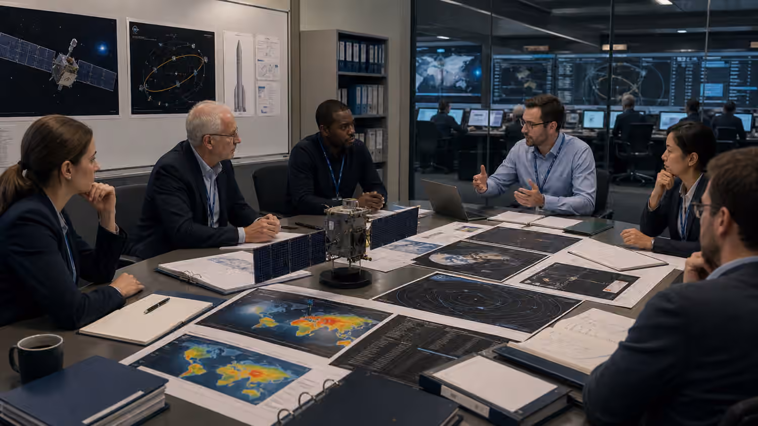 A mission risk review meeting with a generic satellite model, orbit charts, launch silhouettes, and analysts reviewing unreadable documents.