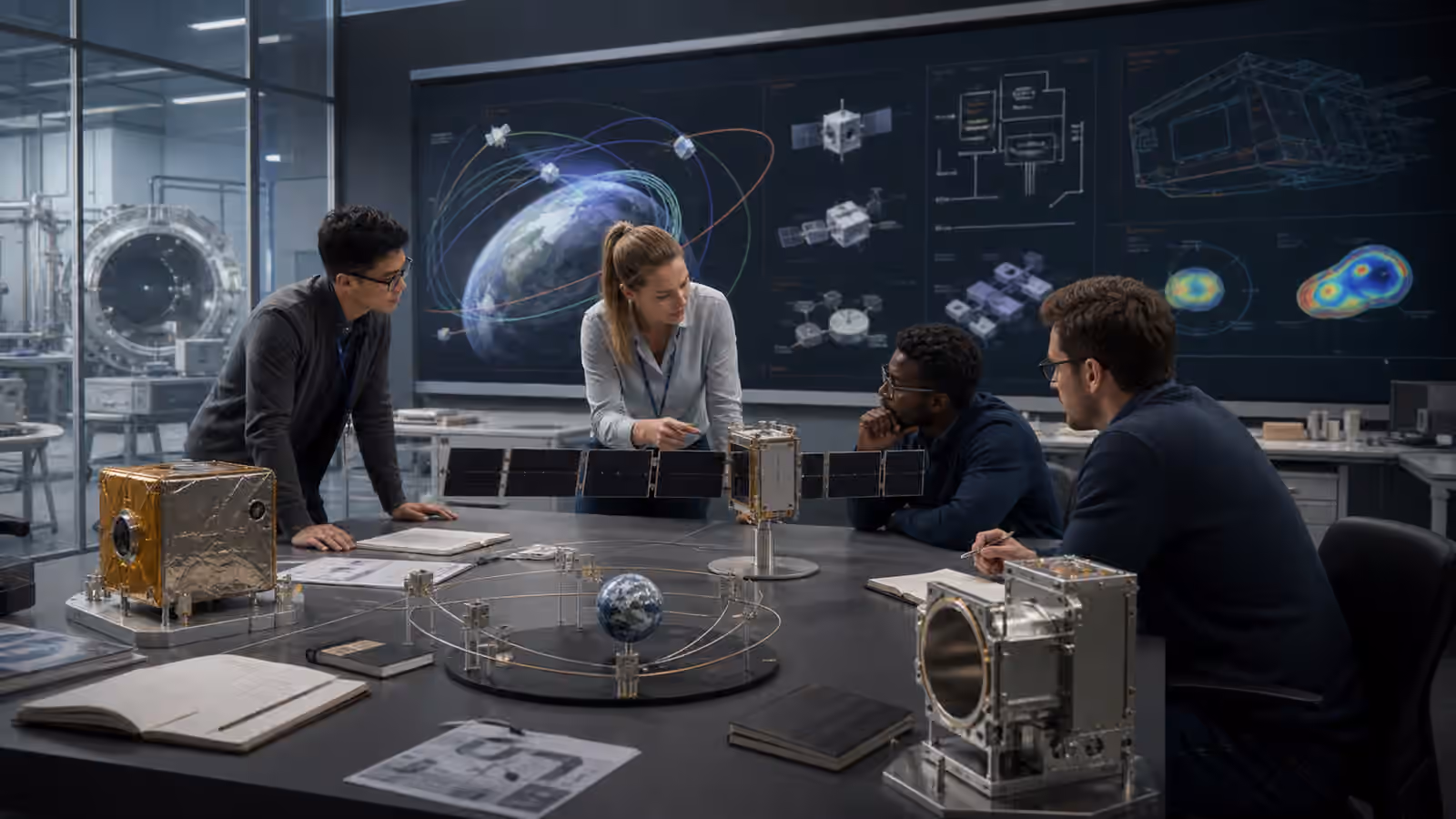Engineers in a mission architecture room study unbranded spacecraft models, orbit arcs, payload hardware, and unreadable system diagrams.