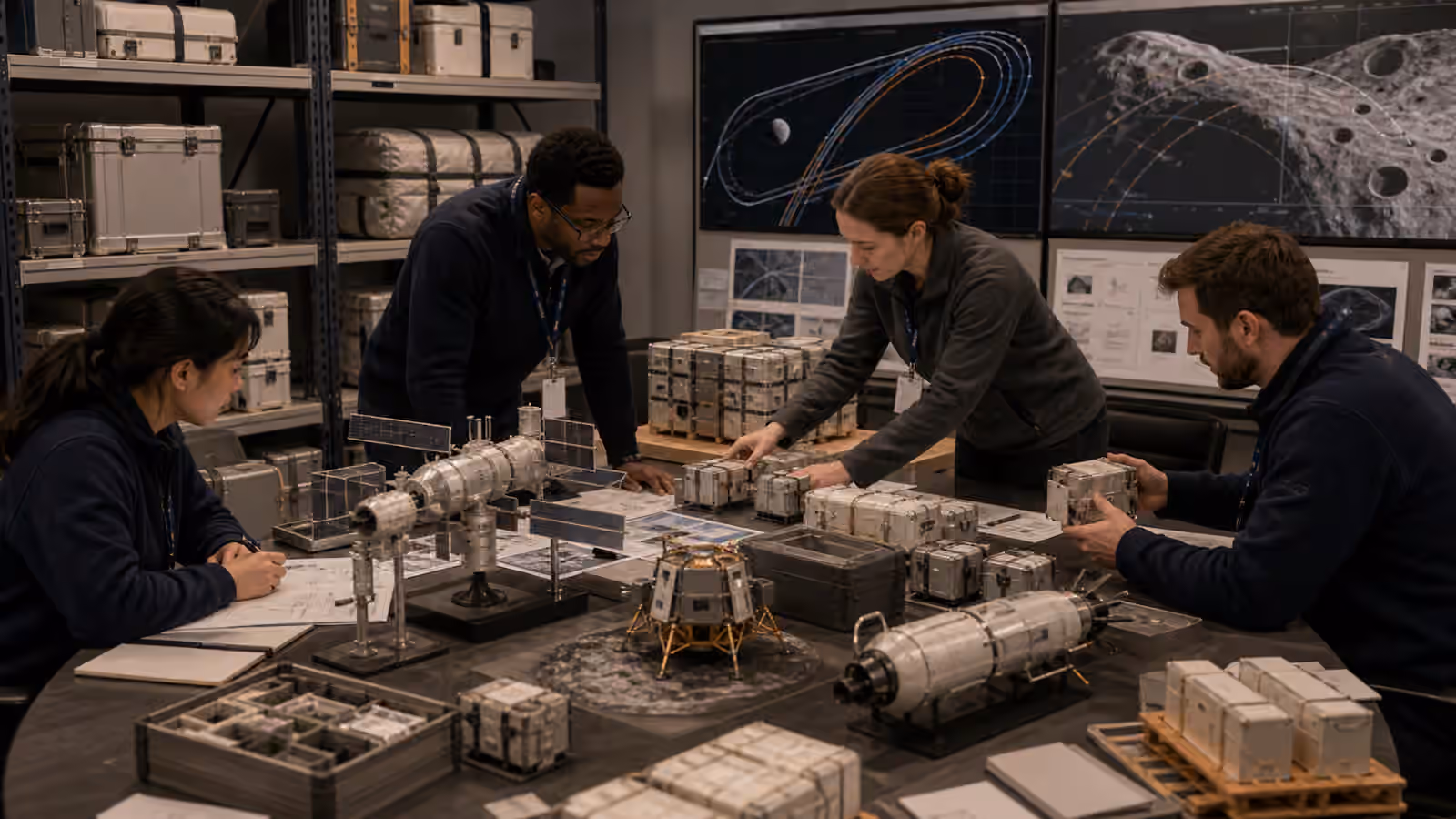 A space logistics planning room with unbranded cargo containers, launch manifests, orbital delivery paths, and lunar surface supply maps.