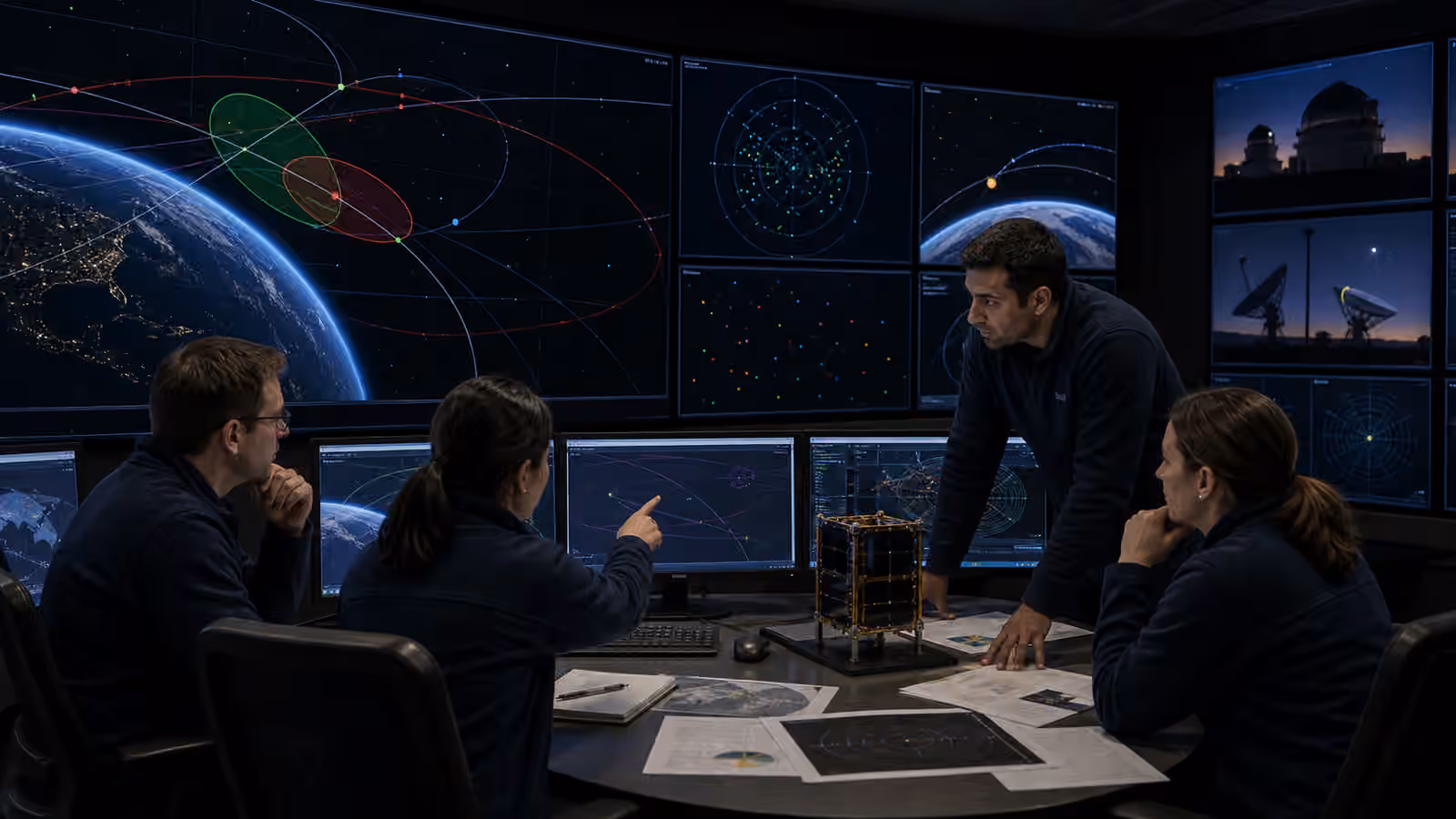An unbranded orbital traffic analysis room visualizes satellite tracks, uncertainty regions, and telescope observations.