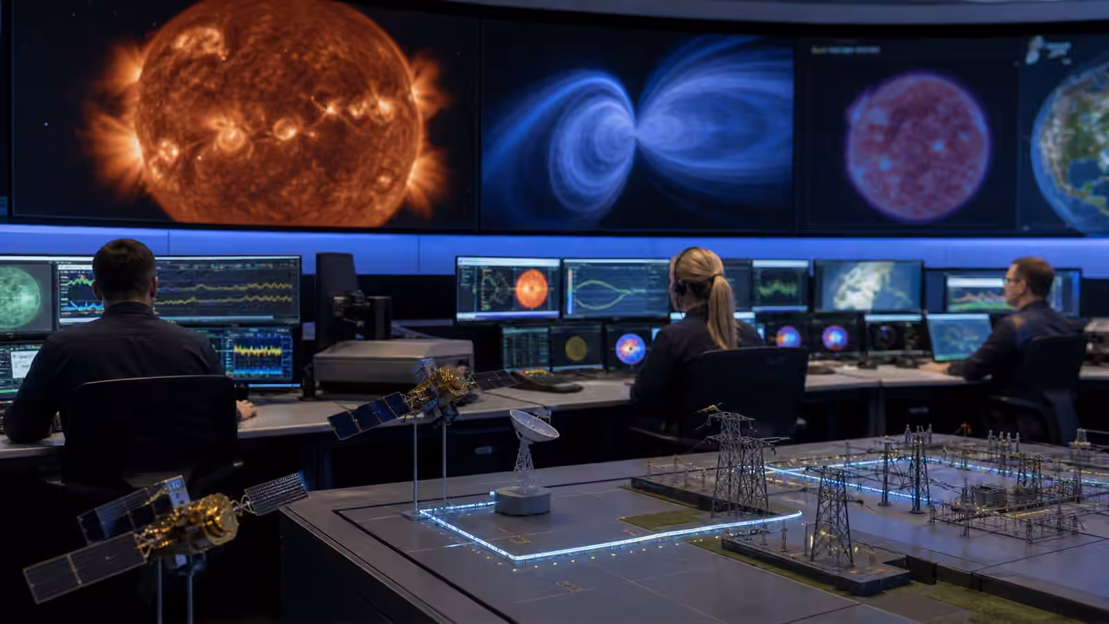 Operators monitor solar storm conditions in a space weather center with satellite and power grid models on the table