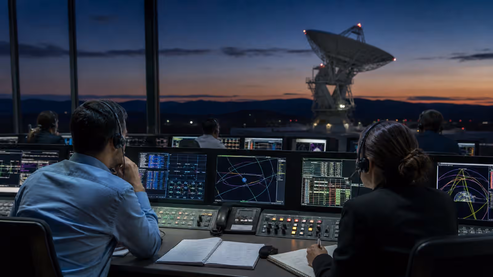 Mission controllers monitor unbranded telemetry displays while ground station antennas track satellites outside at dusk.