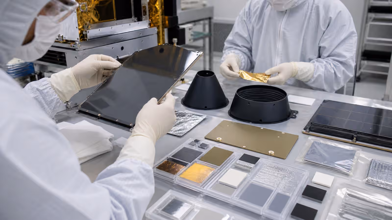 Cleanroom technicians inspect unbranded satellite surfaces, thermal blanket samples, optical baffles, and material coupons.
