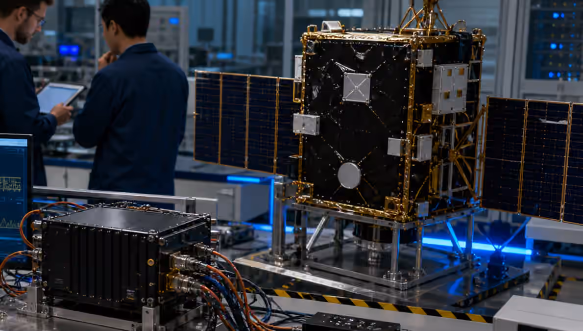 Engineers test an unbranded spacecraft avionics unit beside a satellite model, cable harnesses, and unreadable verification displays.