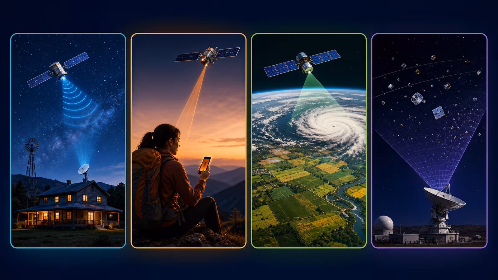 Four quiz-style cards showing satellite internet, emergency direct-to-phone coverage, Earth observation, and debris tracking as everyday space services