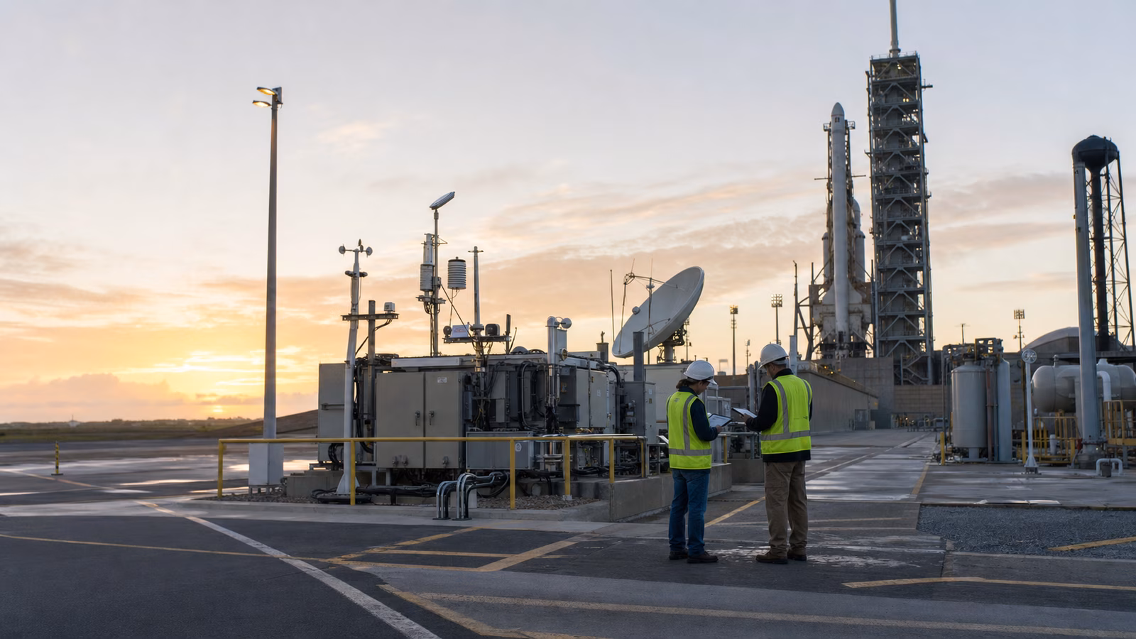 A modern launch pad and ground support area at sunrise with engineers, antennas, weather instruments, and industrial launch infrastructure.