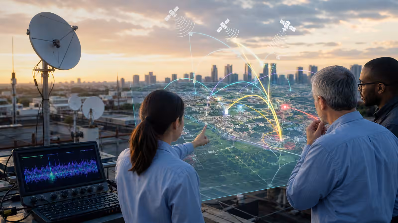 Engineers coordinate radio spectrum from a rooftop antenna site with abstract interference paths over a city edge