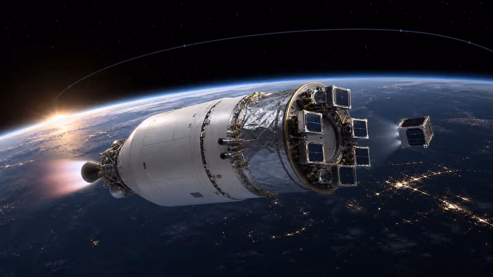 A rocket upper stage above Earth gently firing while small satellites deploy from a circular payload adapter.