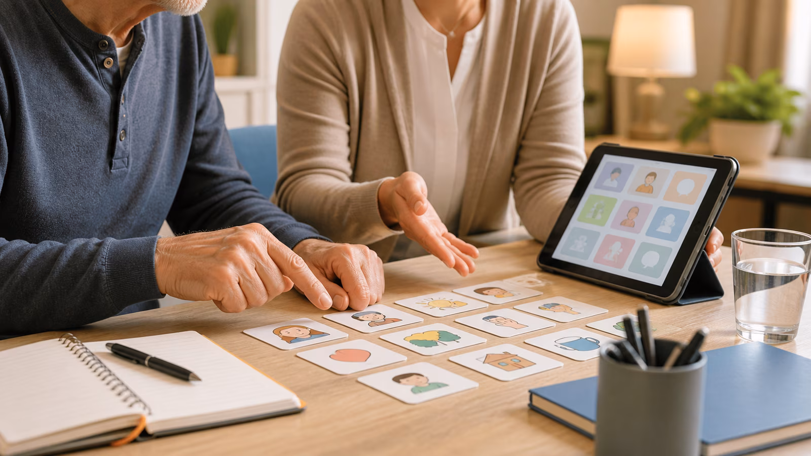 Communication cards, tablet, and notebook arranged for adult speech-language support after injury.