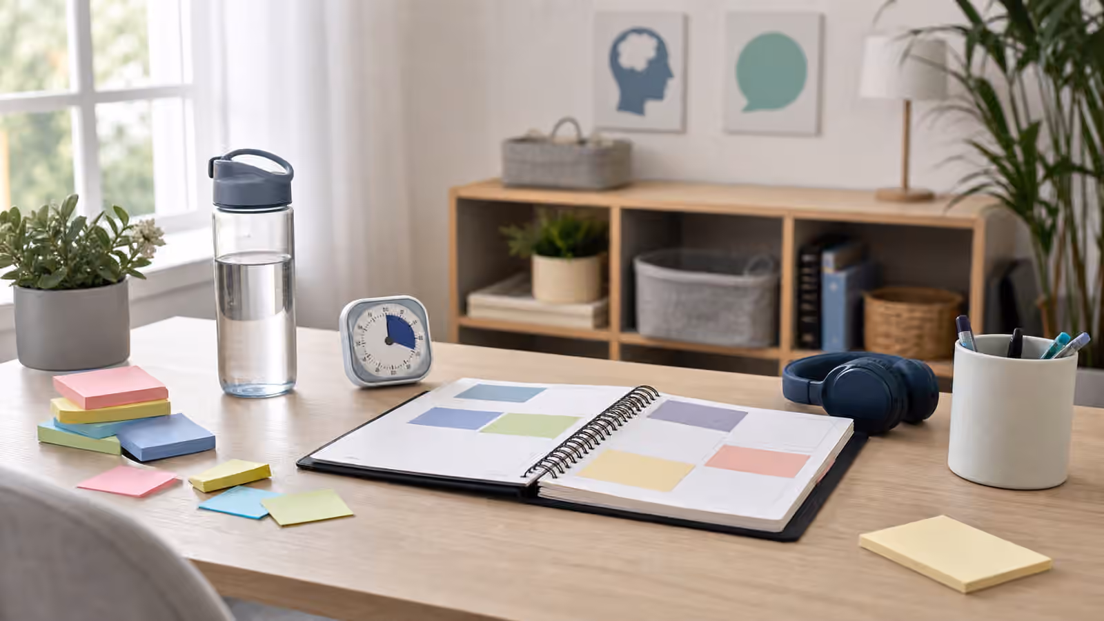 Quiet desk with planner blocks, timer, water bottle, headphones, and notes for cognitive-communication pacing.