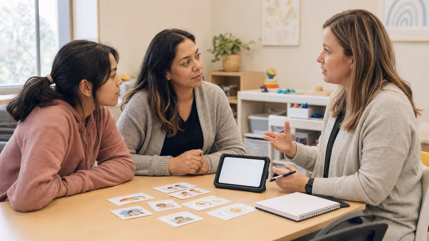 Family and clinician seated together with a blank AAC tablet and picture cards during communication partner training.