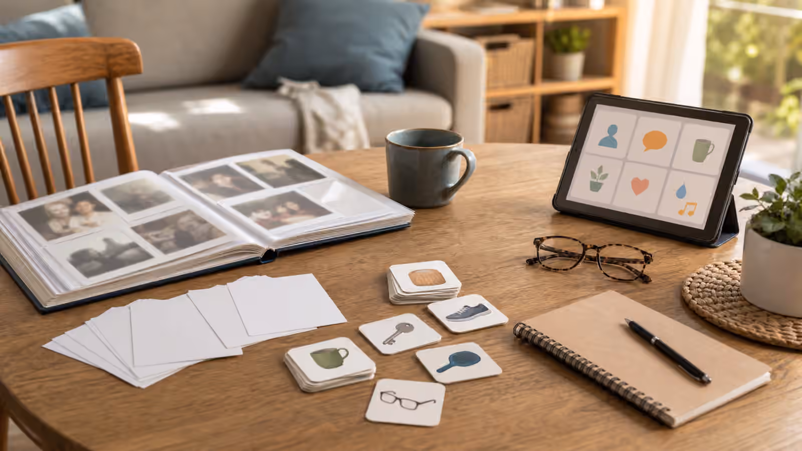 Home table with photo album, blank communication cards, daily object tokens, cup, glasses, tablet, and notebook.
