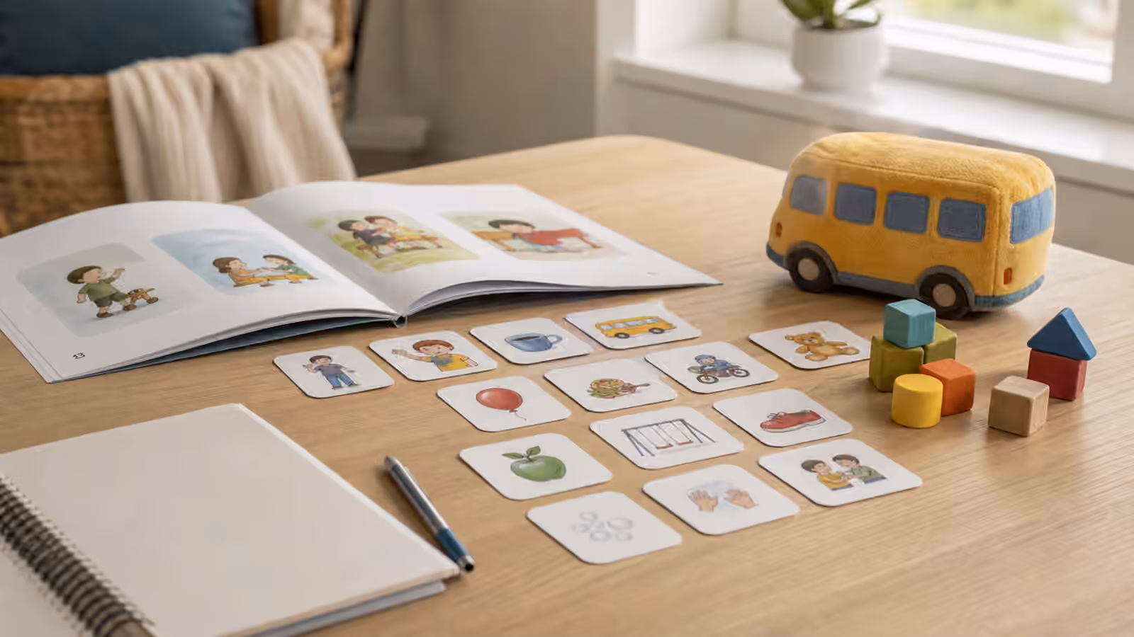 Picture book, toy bus, blocks, communication cards, and notebook arranged on a speech therapy table.
