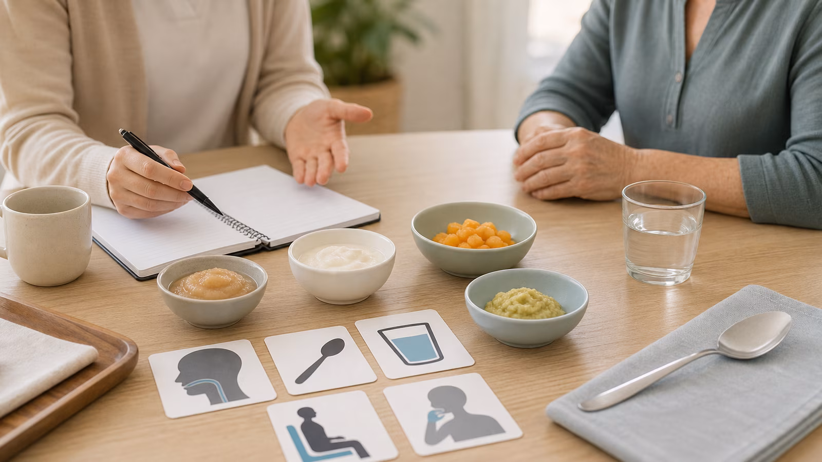 Cups, spoon, soft food samples, and notebook arranged for feeding and swallowing care planning.