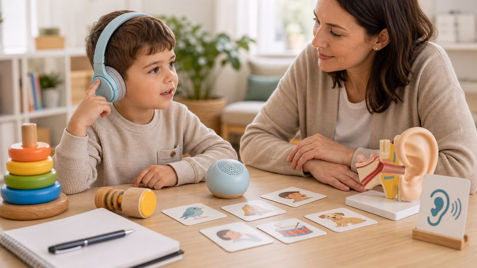 Headphones, sound toys, picture cards, and notebook arranged for listening and speech-language observations.