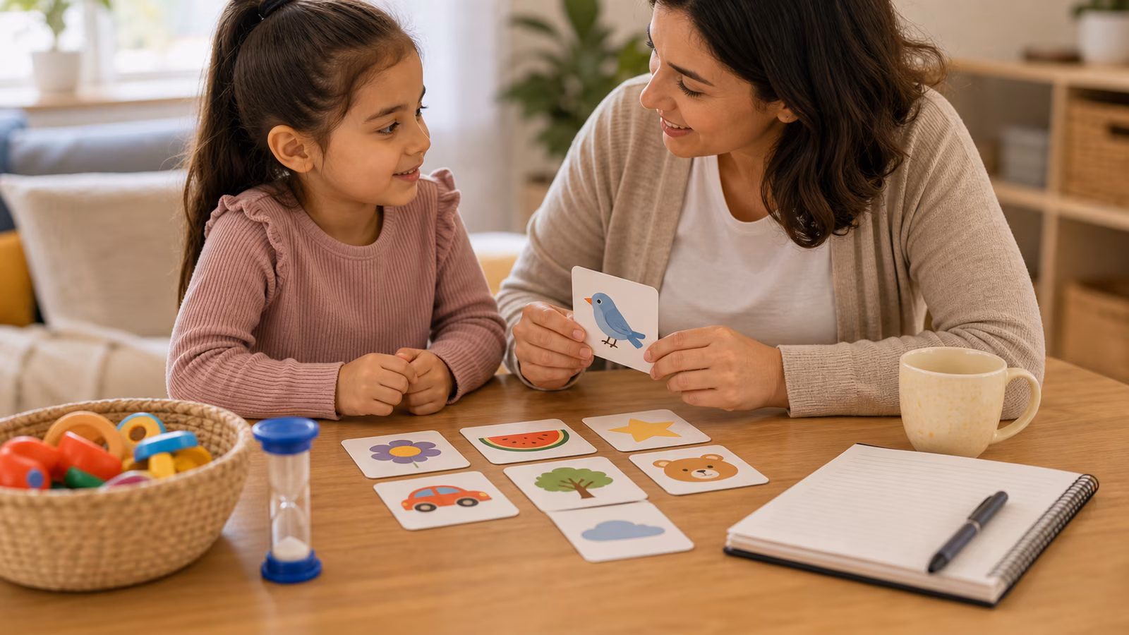 Short practice cards, timer, toys, and notebook arranged for supportive home speech routines.