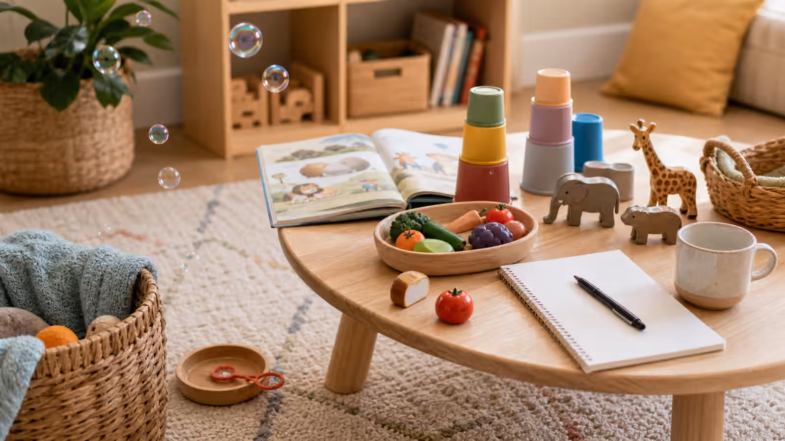 Stacking cups, wooden animals, pretend food, bubbles, picture book, and notebook on a home play rug.