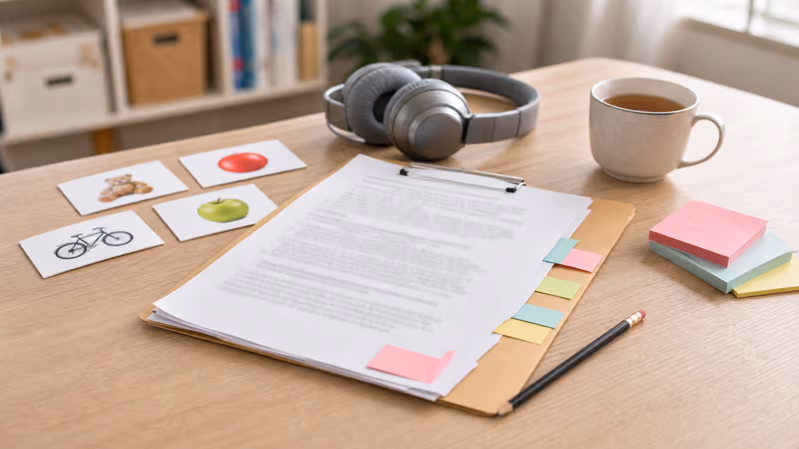 Speech-language evaluation folder, blurred report pages, sticky flags, picture cards, headphones, pencil, and tea on a desk.