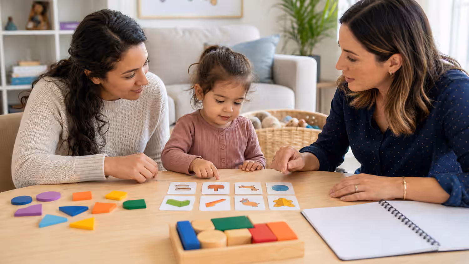 Child and caregiver using shape cards, blocks, and a blank notebook during receptive language support.