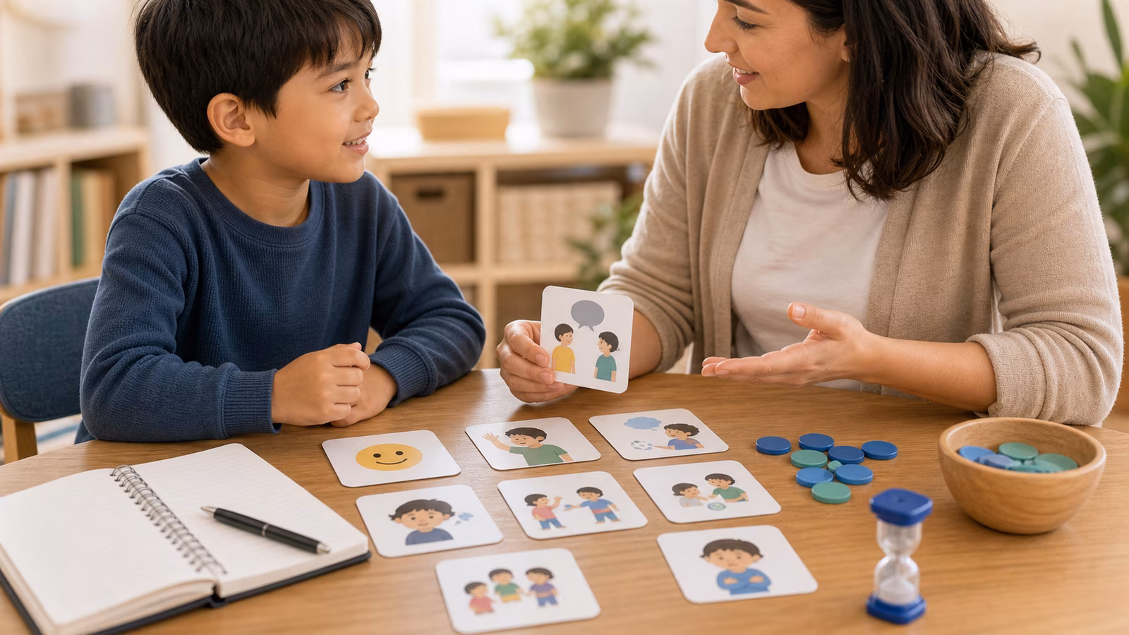 Turn-taking tokens, picture cards, and shared activity materials arranged for social communication.