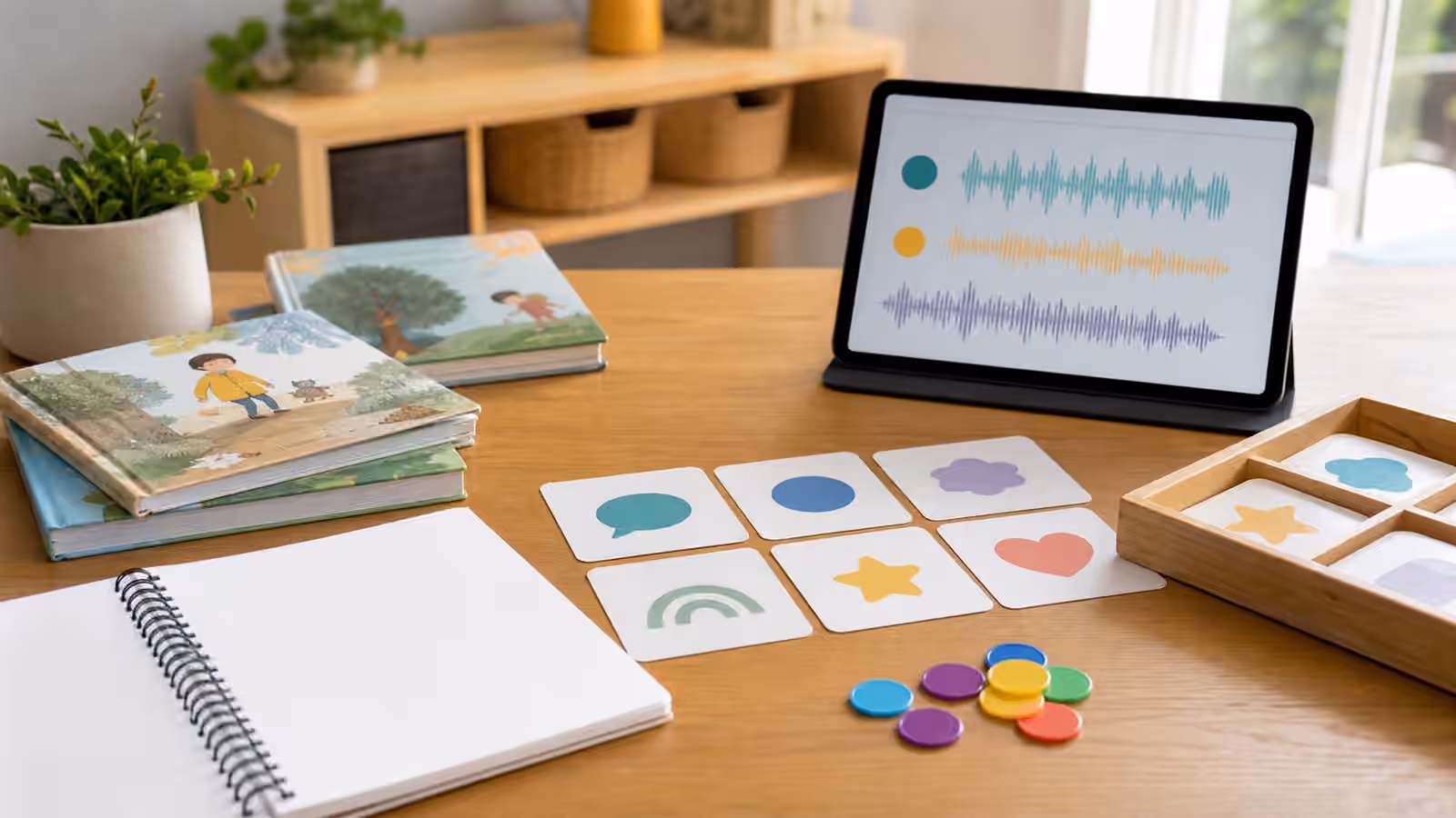 Picture books, blank notebook, sound-shape cards, counters, and a tablet with abstract voice waveforms on a therapy room desk.
