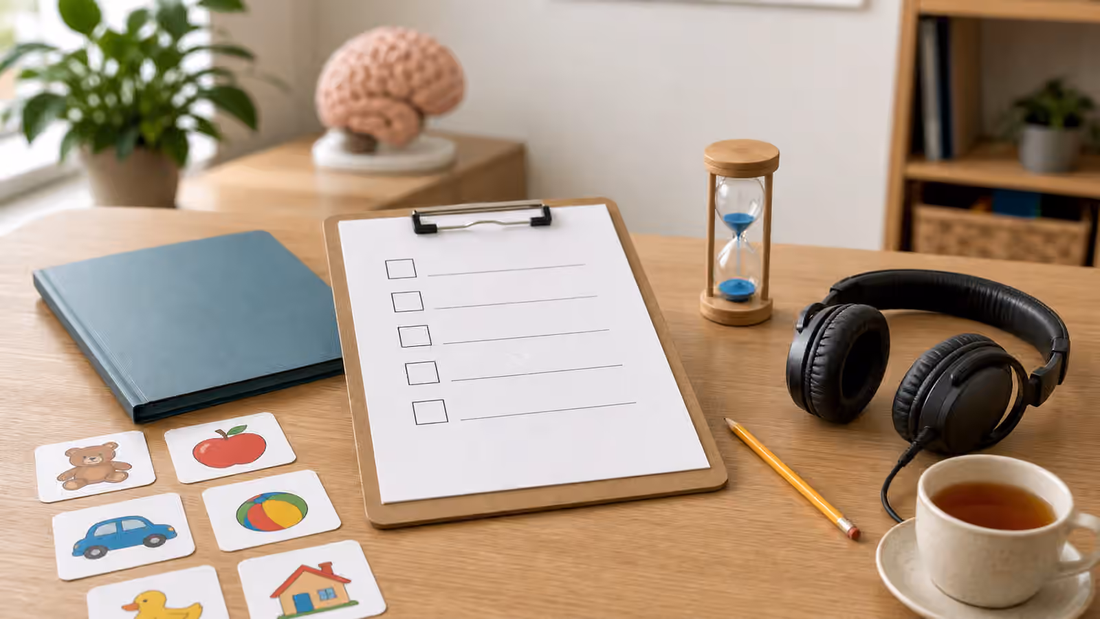 Speech-language screening clipboard, picture cards, headphones, timer, pencil, and tea on a clinic desk.