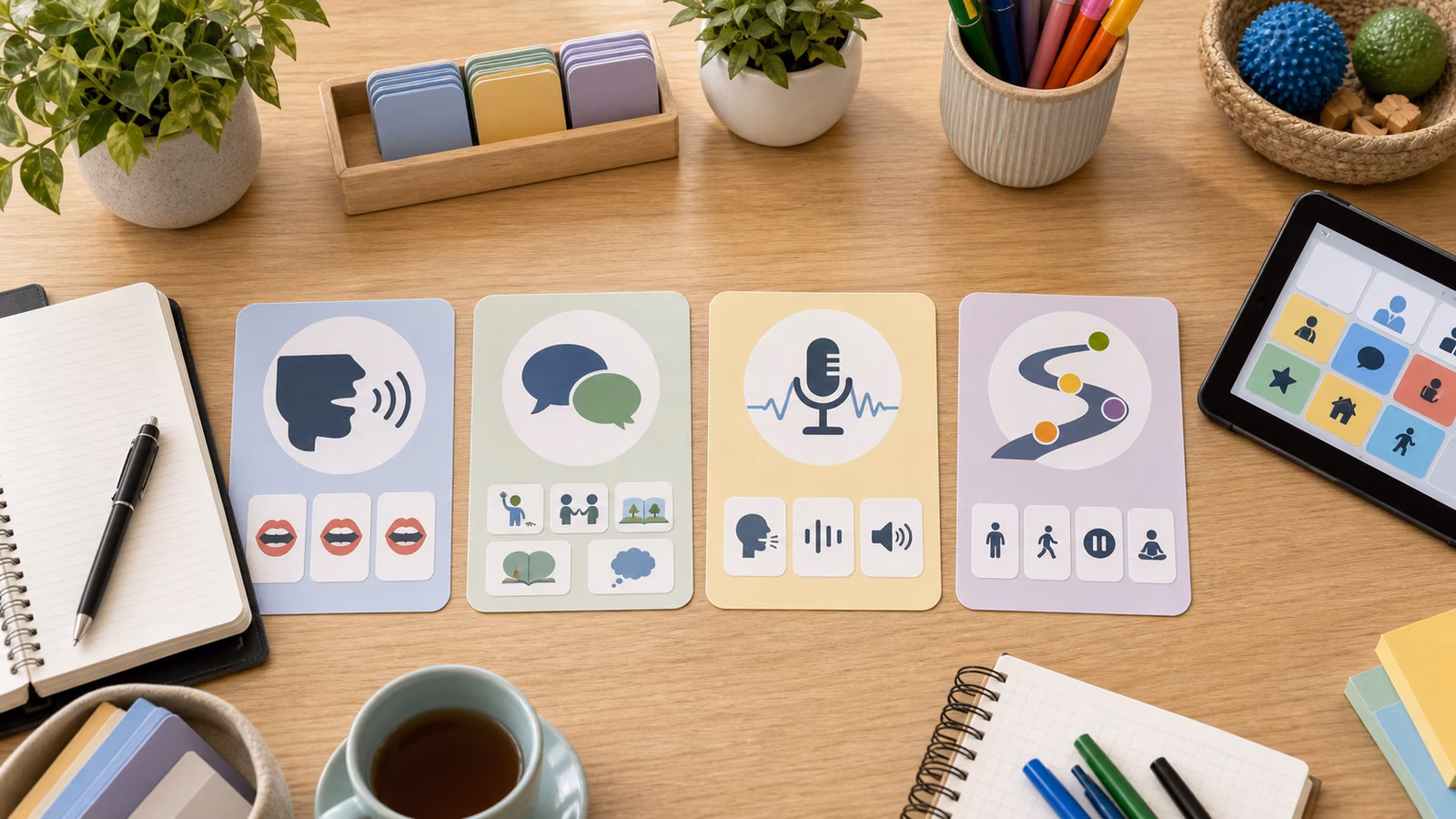 Cards for speech sounds, language, voice, and fluency arranged on an educational desk.