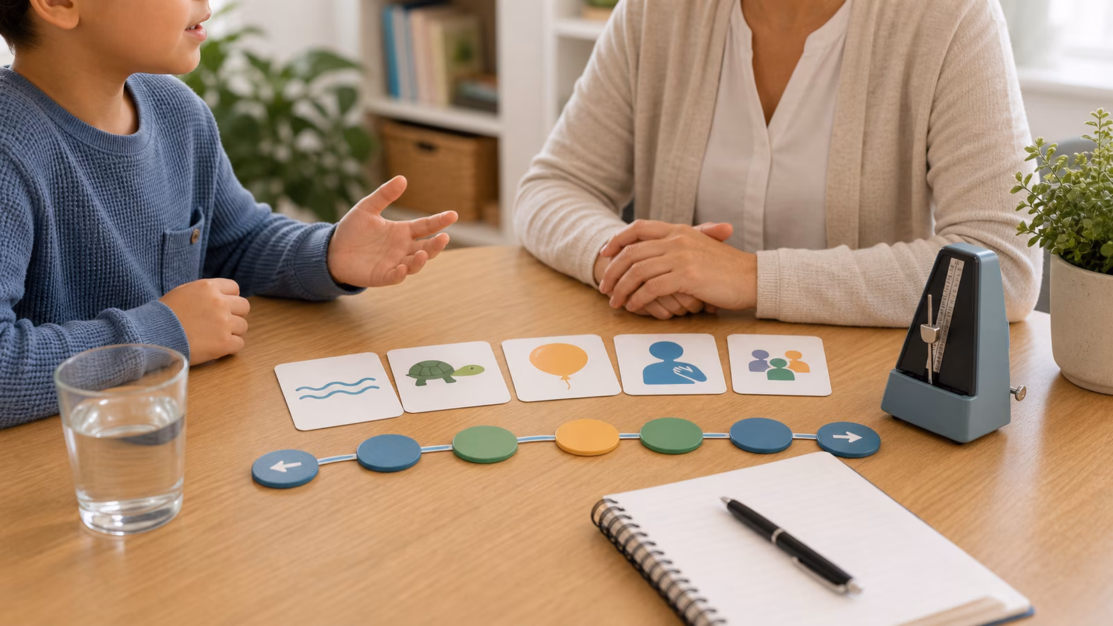 Pacing cards, metronome, path tokens, and notebook arranged for fluency support.